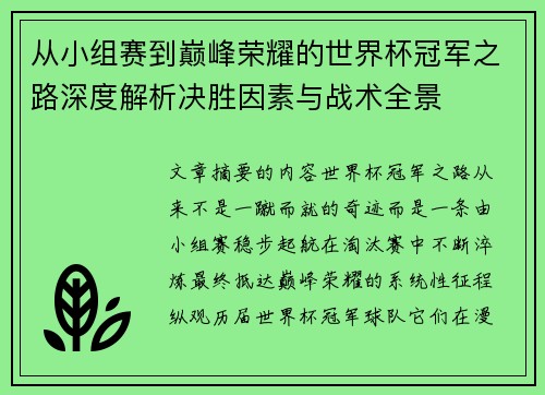 从小组赛到巅峰荣耀的世界杯冠军之路深度解析决胜因素与战术全景