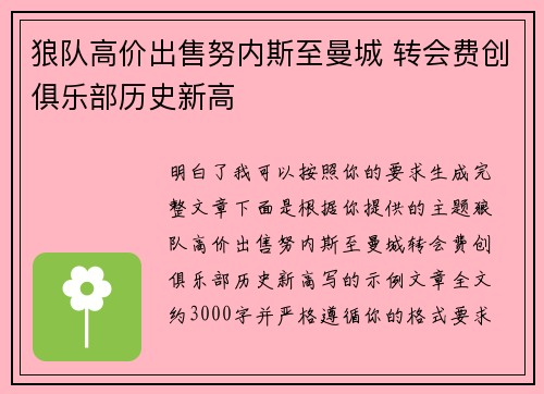 狼队高价出售努内斯至曼城 转会费创俱乐部历史新高